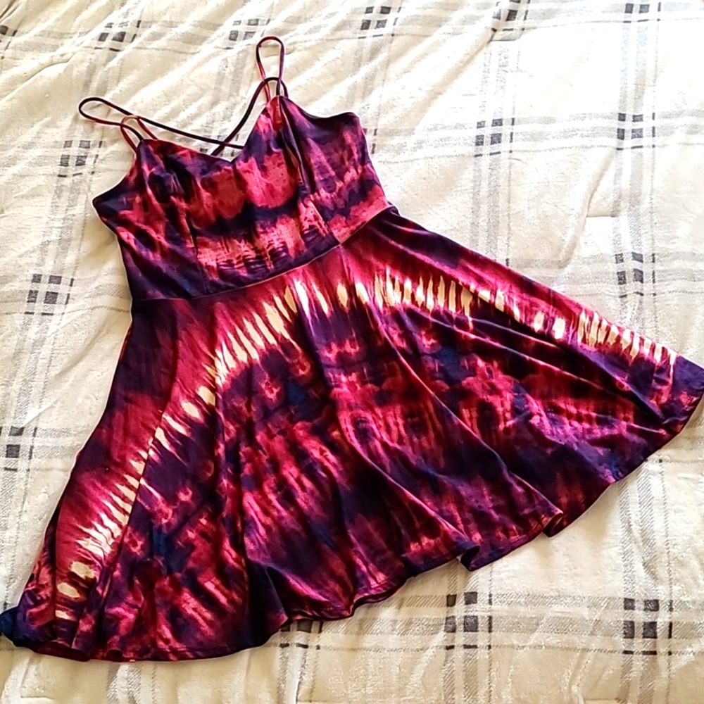 StitchFix Fortune + Ivy red/purple/blue tie-dye knit strappy skater dress XL